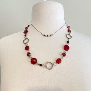 Red Beaded Necklace & Silver-Tone Rhinestone Pendant statement  arrangement